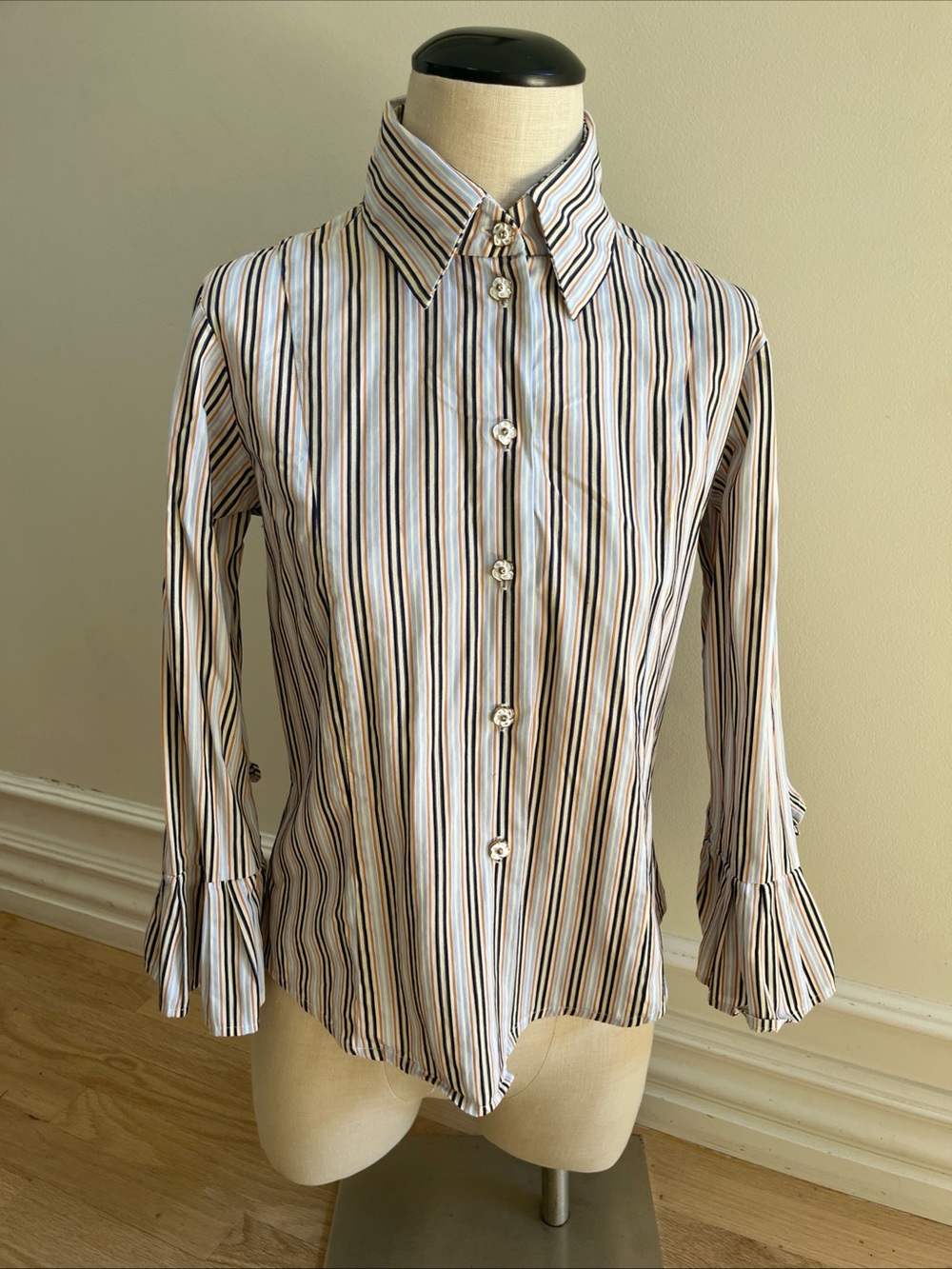 Vintage Ruffled Striped Button-Front Shirt White with Blue & Brown Stripes